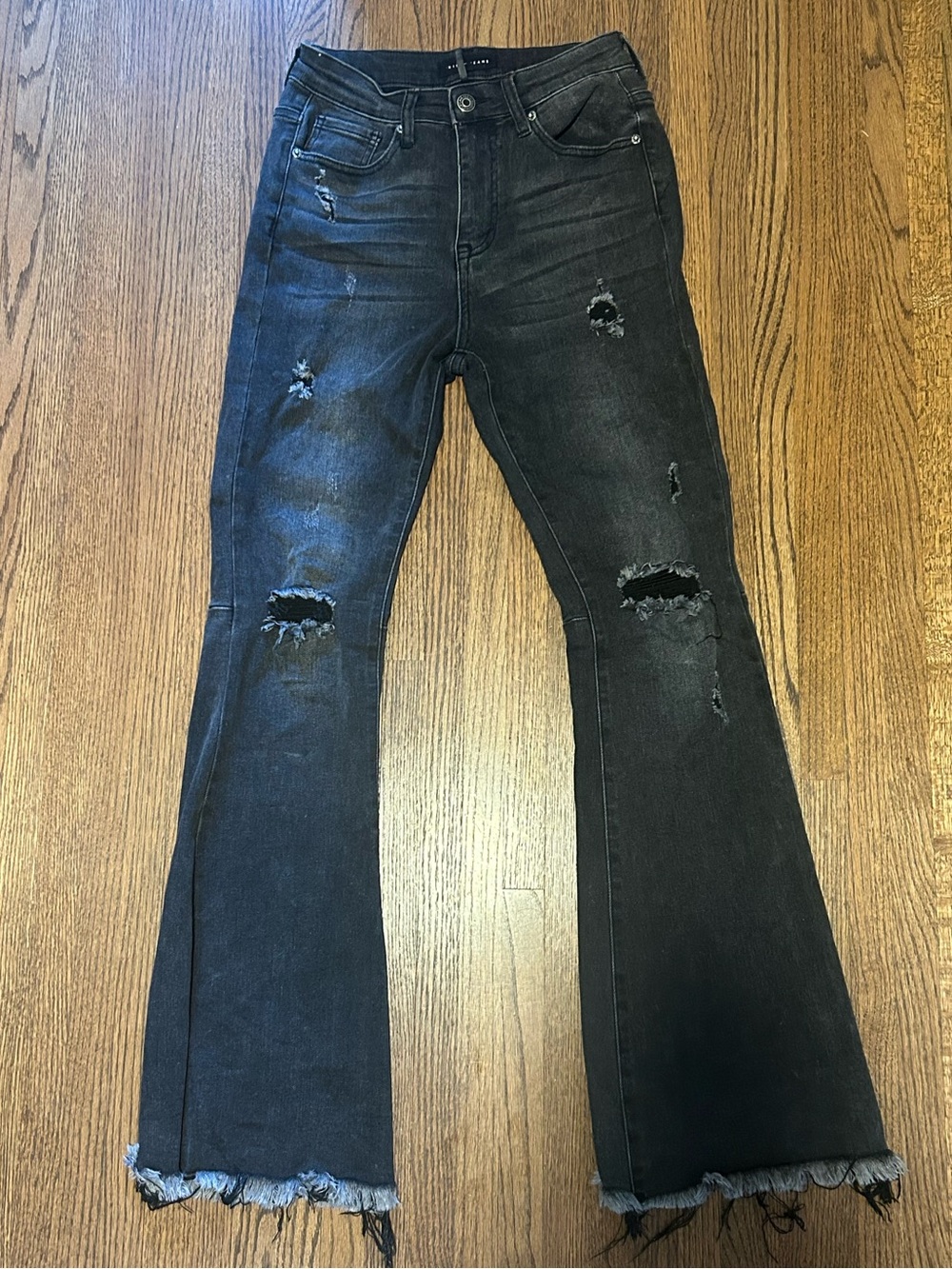 Risen Jeans Black Distressed Raw Hem Flare Jeans Size 3/26